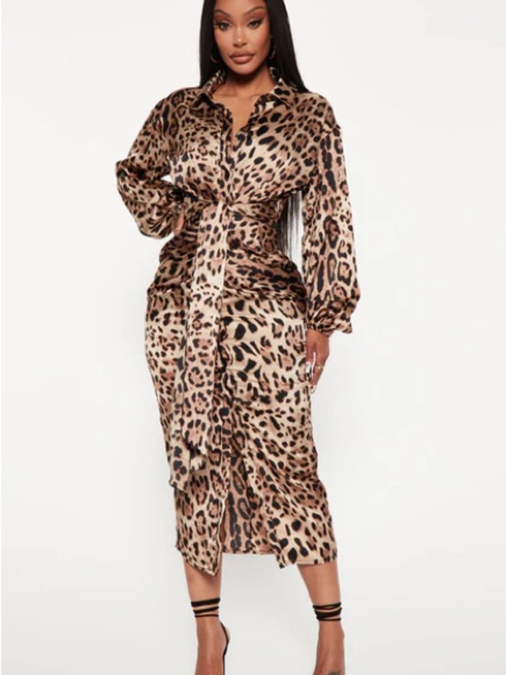 Fashion Nova Leopard Print Long Sleeve Midi Shirt Dress - Brown/Tan/Black